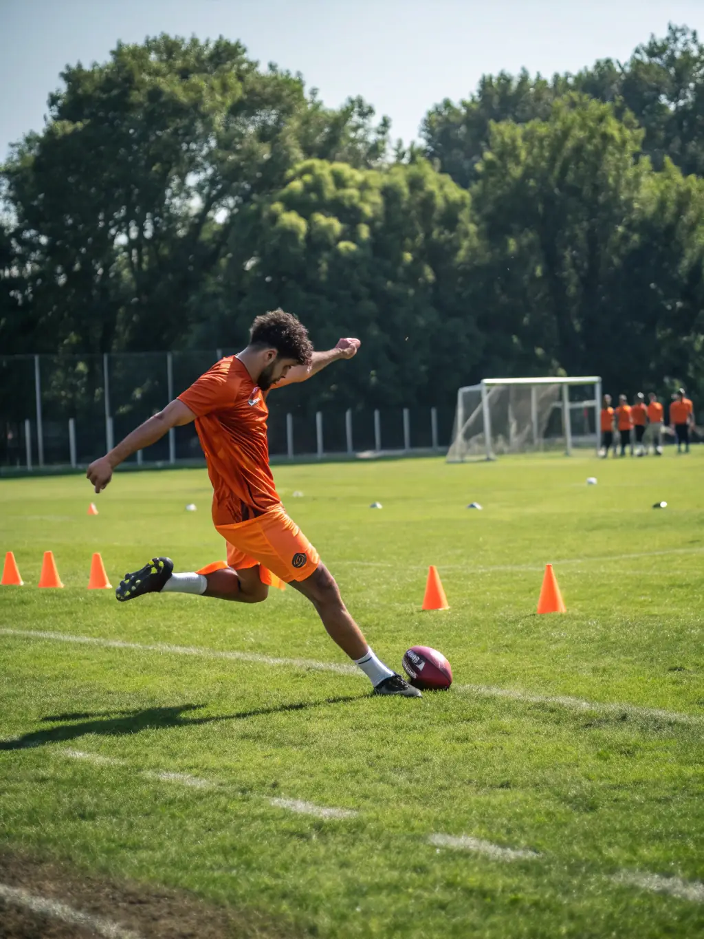 A focused young player in UNION SPORT SANFLORAINE FOOTBALL uniform practicing a drill, highlighting the discipline and structured training provided by the organization.
