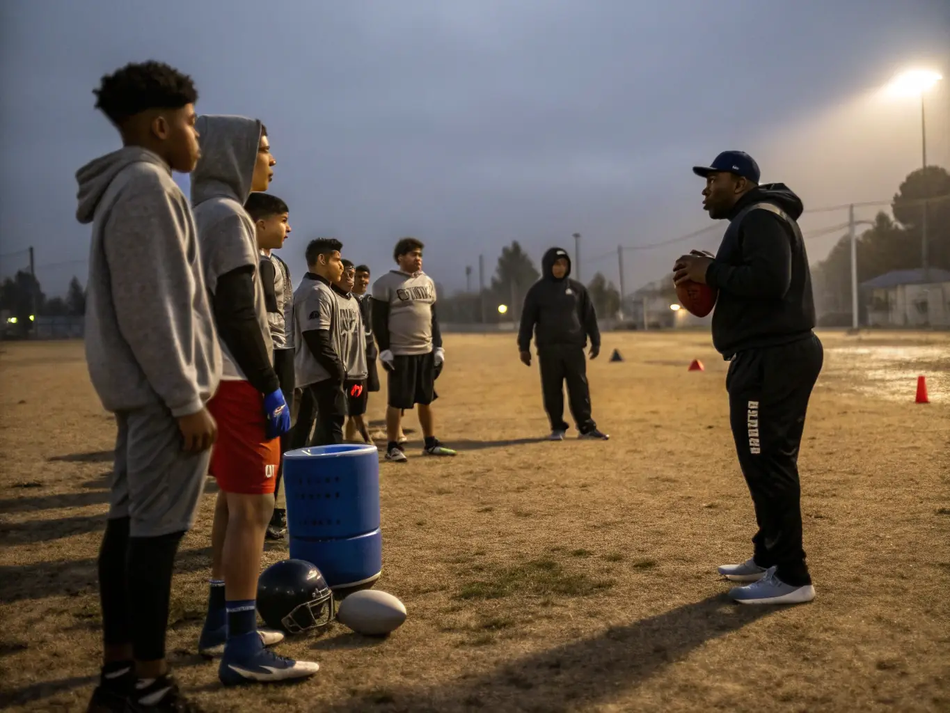 A coach from UNION SPORT SANFLORAINE FOOTBALL instructing young players on the field, emphasizing the importance of teamwork and communication.