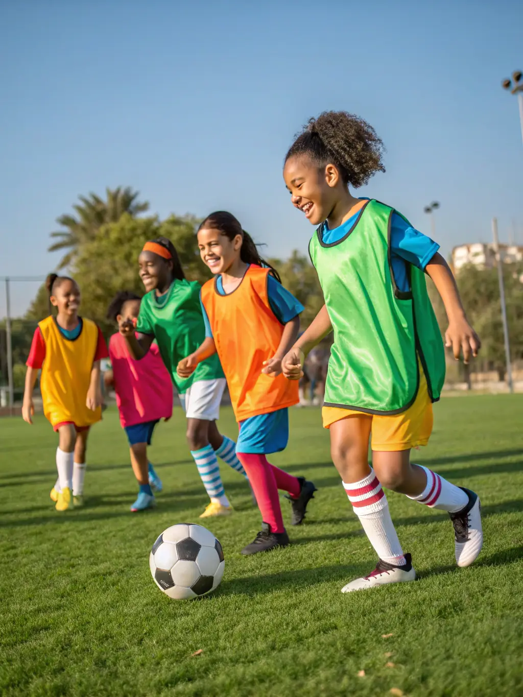 A group of UNION SPORT SANFLORAINE FOOTBALL players from diverse backgrounds participating in a team-building activity, showcasing the organization's commitment to social inclusion and positive values.