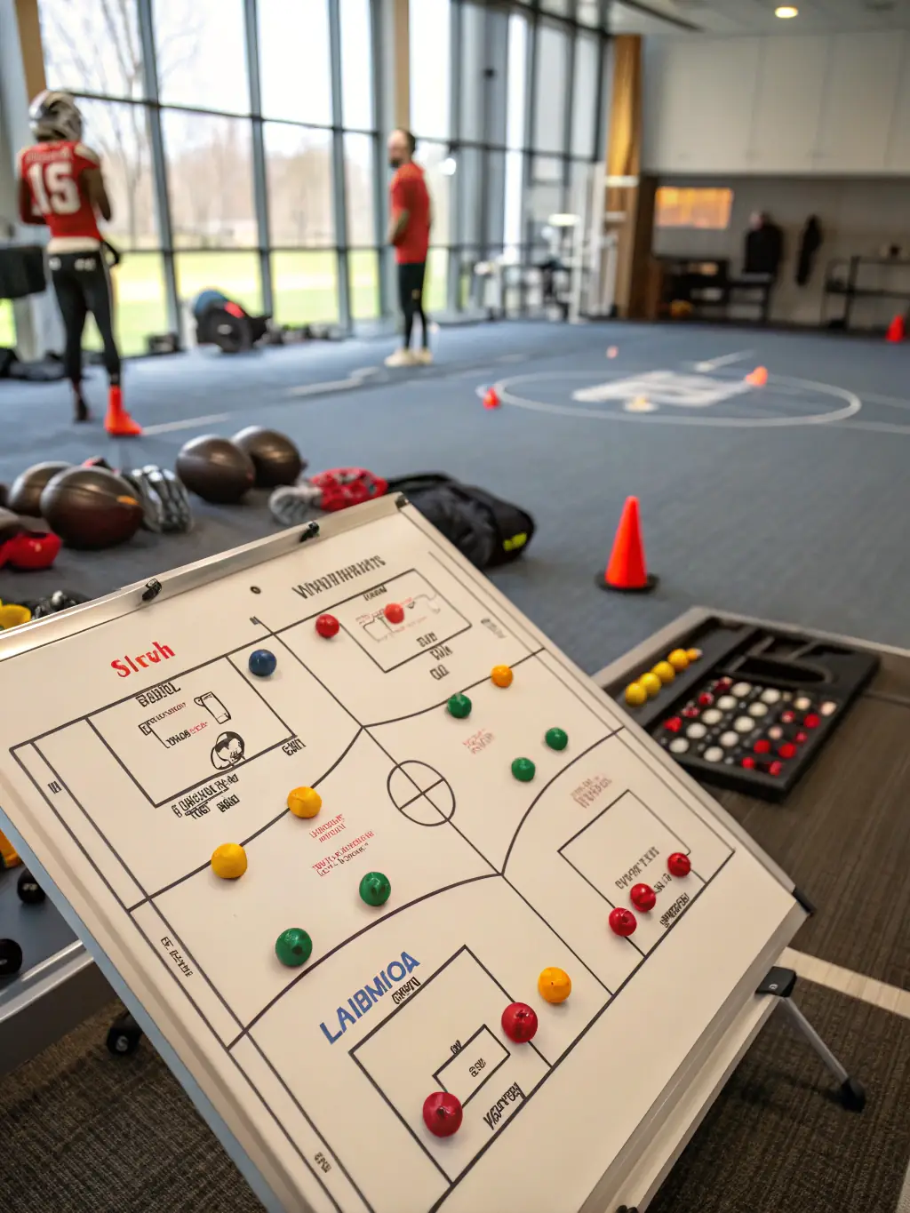 An image of a classroom setting where young athletes are engaged in a football education session, learning about strategy and sportsmanship.