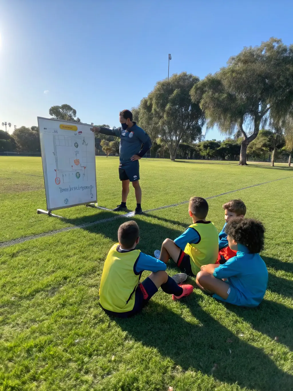 A diverse group of young football players listening attentively to their coach during a training session, showcasing the personalized coaching approach at UNION SPORT SANFLORAINE FOOTBALL.