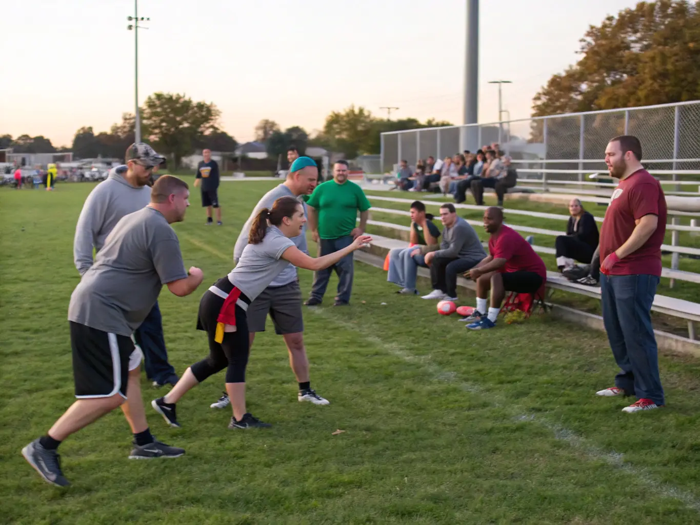 A photograph of adult players participating in a friendly football match, emphasizing the social and recreational aspects of the sport, with a focus on camaraderie and community spirit.